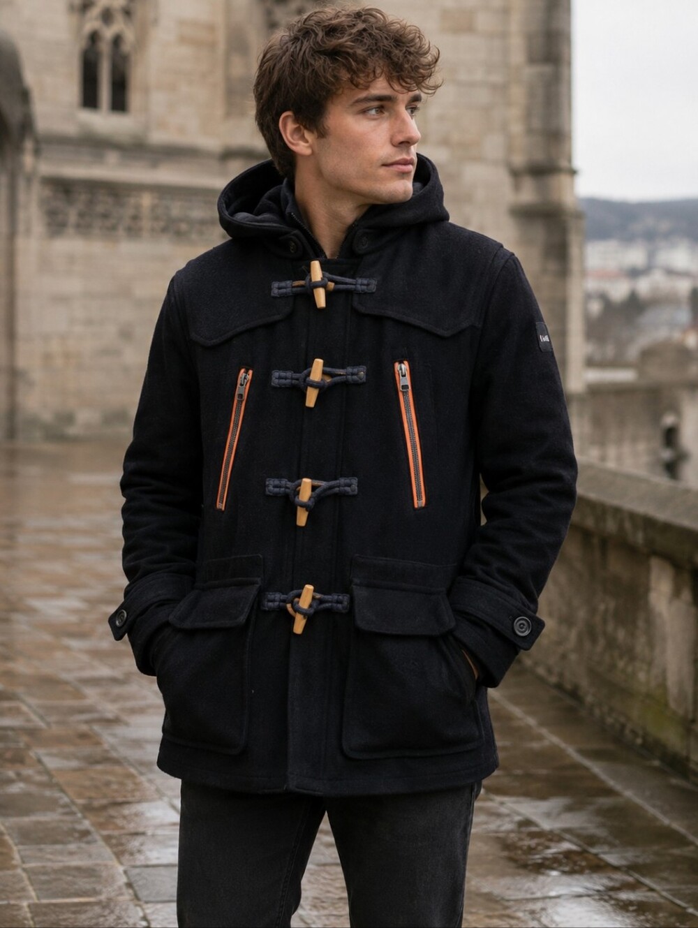 Superdry Black Pea Coat with Orange Zipper Details